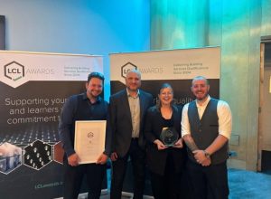 Award winning electrical training provider Bespoke Electrical Training receiving the LCL Awards Electrical Centre of the Year 2025 trophy and certificate.